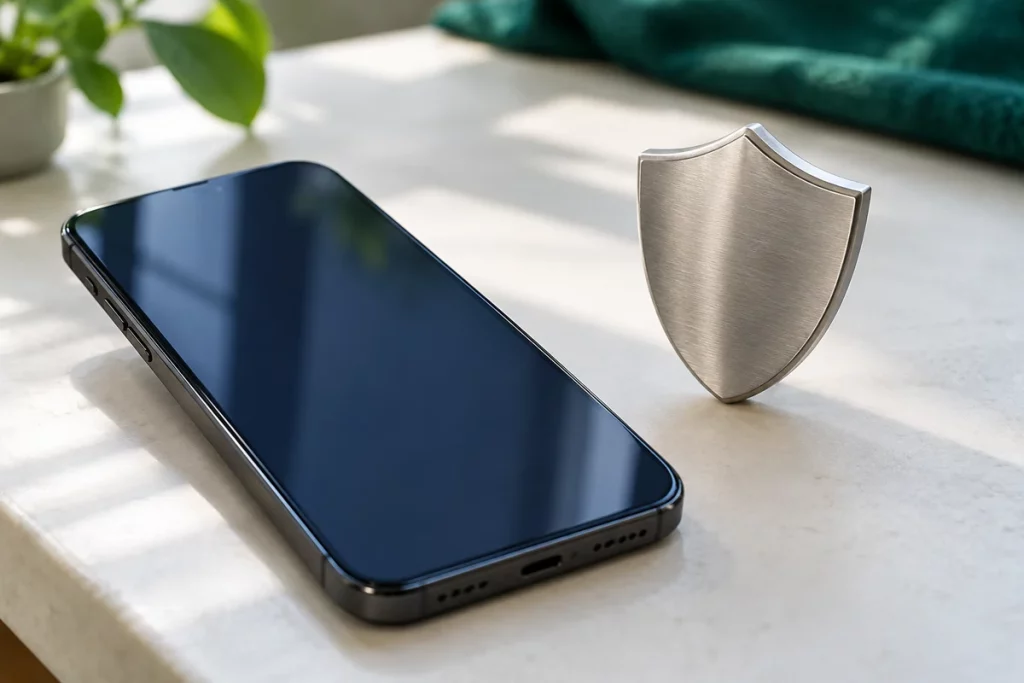 A blank-screen smartphone beside a small metal shield on a quiet light-coloured desk.