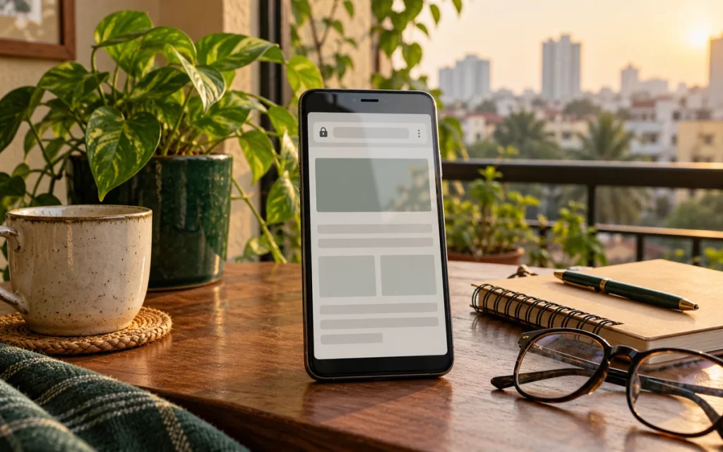 An unbranded smartphone with an abstract browser screen beside a notebook and glasses, overlooking an Indian urban balcony.