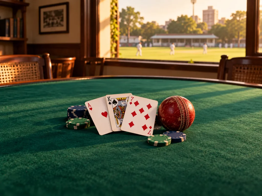 Three playing cards, plain gaming chips and a red cricket ball on green felt, with an Indian community cricket ground beyond the window.
