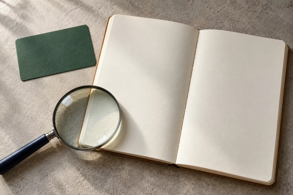 An open blank notebook, a magnifying glass and a plain card arranged for careful reading.