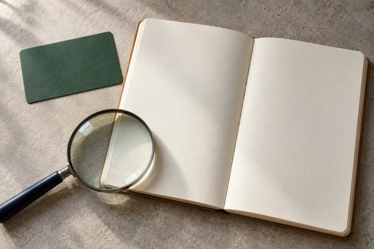 An open blank notebook, a magnifying glass and a plain card arranged for careful reading.